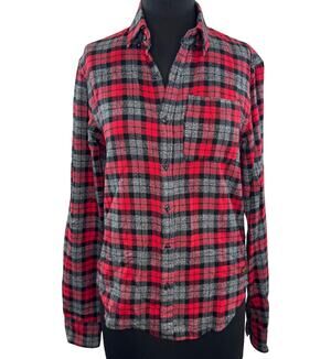 Scotch & Soda Red Gray Flannel Shirt Cotton Plaid Collared Button-Down S Small
